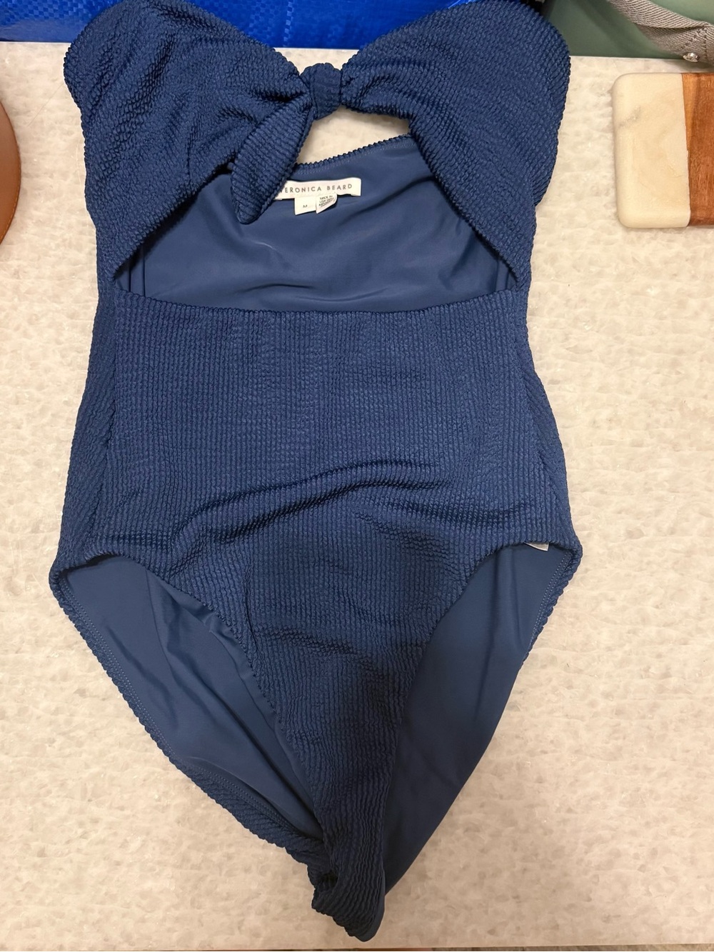 Veronica Beard Blue Textured Bow Cut Out One-Piece Swim